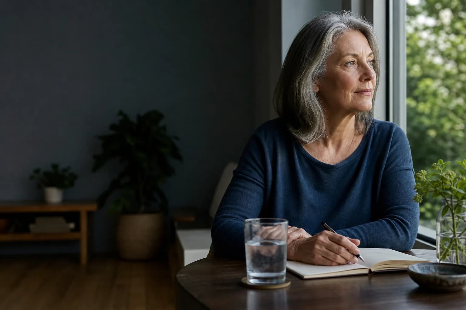 A woman reflecting beside a window with her notebook